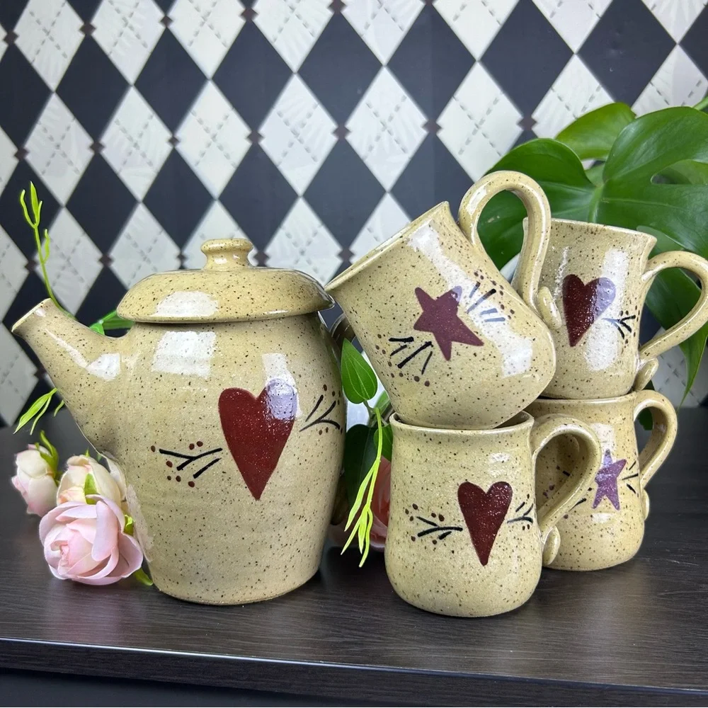 Studio Pottery Tea Set Stoneware Teapot and Four Mugs Heart Star Motif Primitive